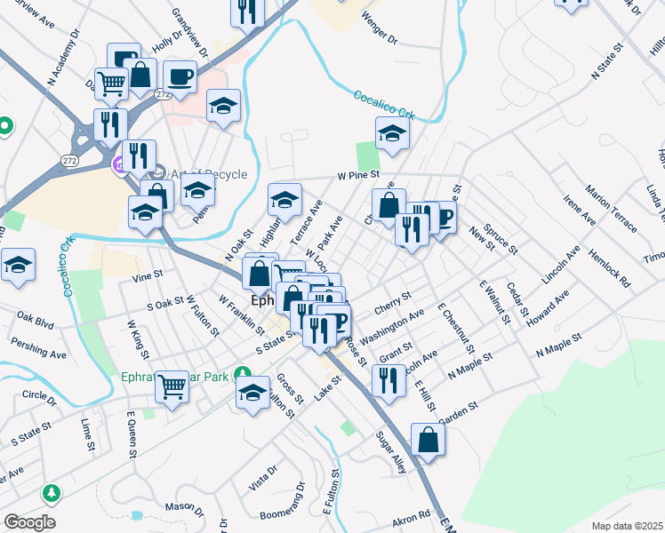 map of restaurants, bars, coffee shops, grocery stores, and more near 118 Church Avenue in Ephrata