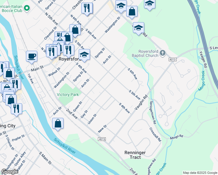 map of restaurants, bars, coffee shops, grocery stores, and more near 404 Gay Street in Royersford