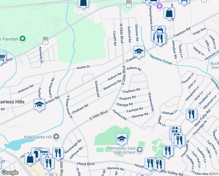 map of restaurants, bars, coffee shops, grocery stores, and more near 714 Beaumont Road in Fairless Hills