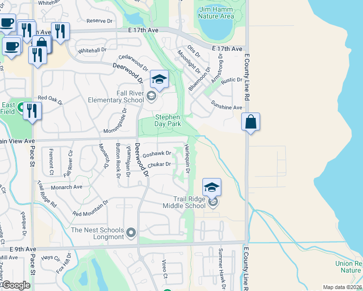 map of restaurants, bars, coffee shops, grocery stores, and more near 1556 Goshawk Drive in Longmont