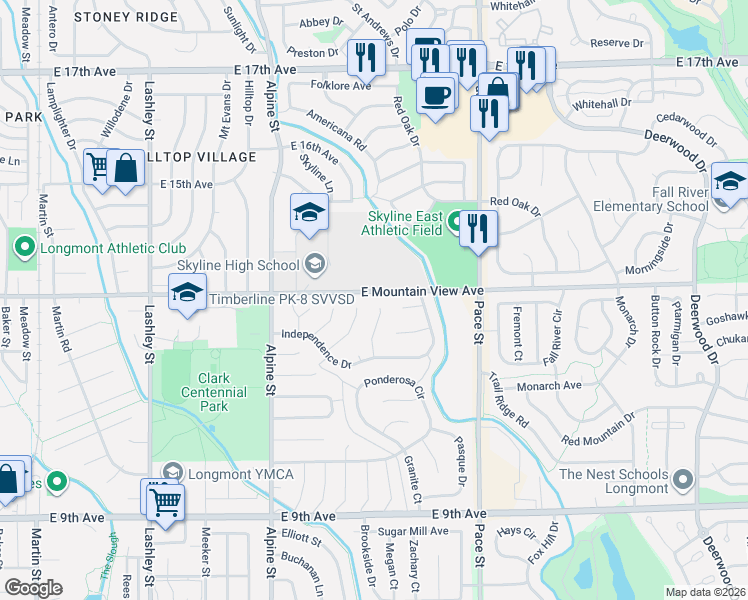 map of restaurants, bars, coffee shops, grocery stores, and more near 1234 Kinnikinnick Court in Longmont