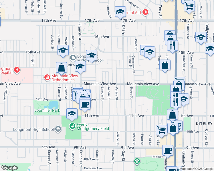 map of restaurants, bars, coffee shops, grocery stores, and more near 1233 Aspen Street in Longmont