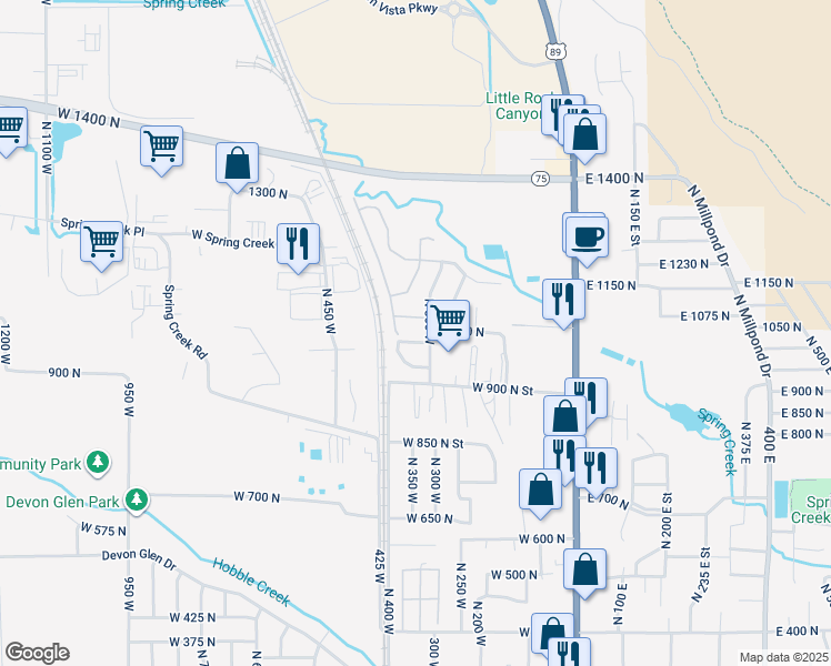 map of restaurants, bars, coffee shops, grocery stores, and more near 305 West 950 North in Springville