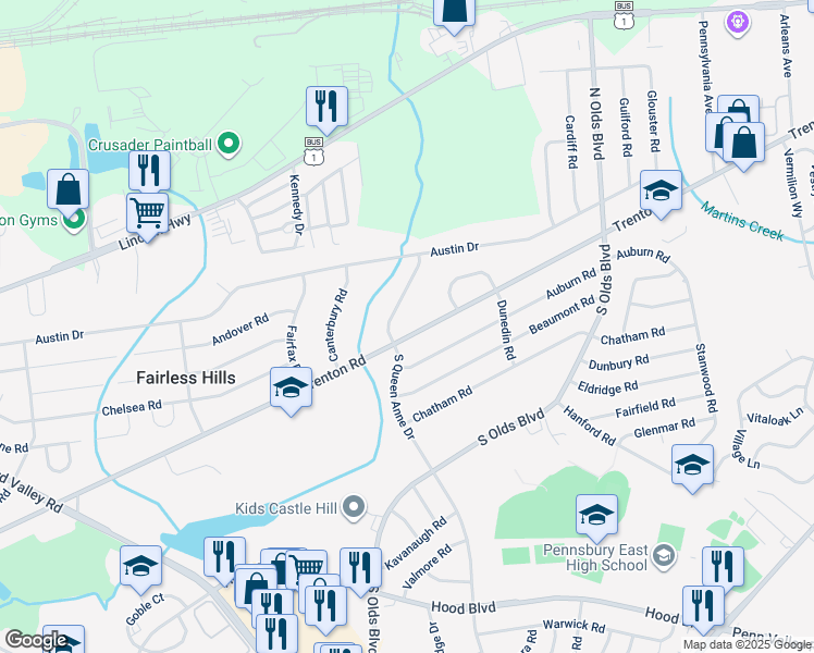 map of restaurants, bars, coffee shops, grocery stores, and more near 607 Trenton Road in Fairless Hills