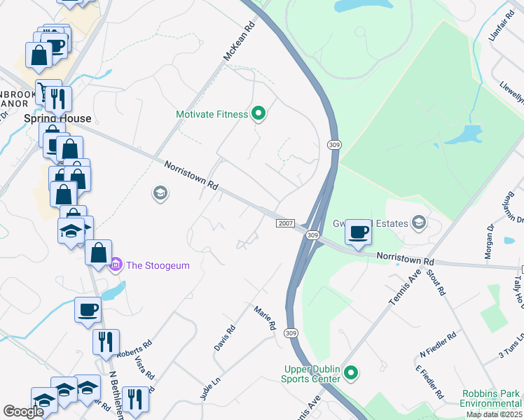 map of restaurants, bars, coffee shops, grocery stores, and more near 1 Woods Lane in Spring House