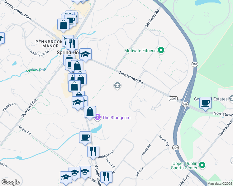 map of restaurants, bars, coffee shops, grocery stores, and more near 728 Norristown Road in Spring House
