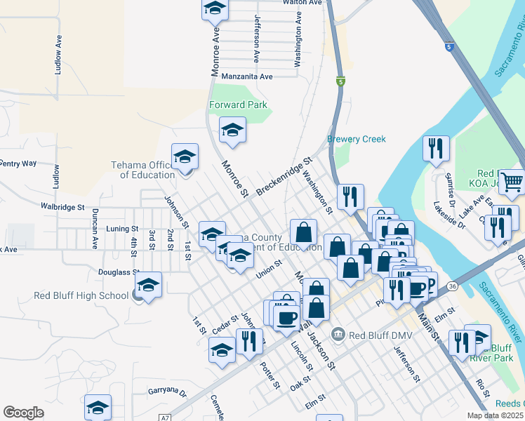 map of restaurants, bars, coffee shops, grocery stores, and more near 1308 Monroe Street in Red Bluff