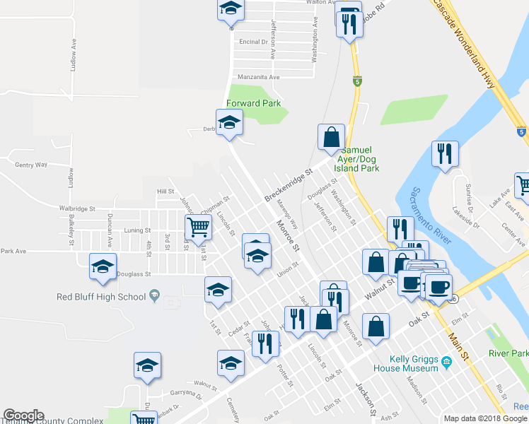map of restaurants, bars, coffee shops, grocery stores, and more near 1335 Monroe Street in Red Bluff