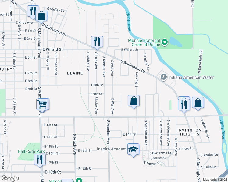 map of restaurants, bars, coffee shops, grocery stores, and more near 1605 South Wall Avenue in Muncie