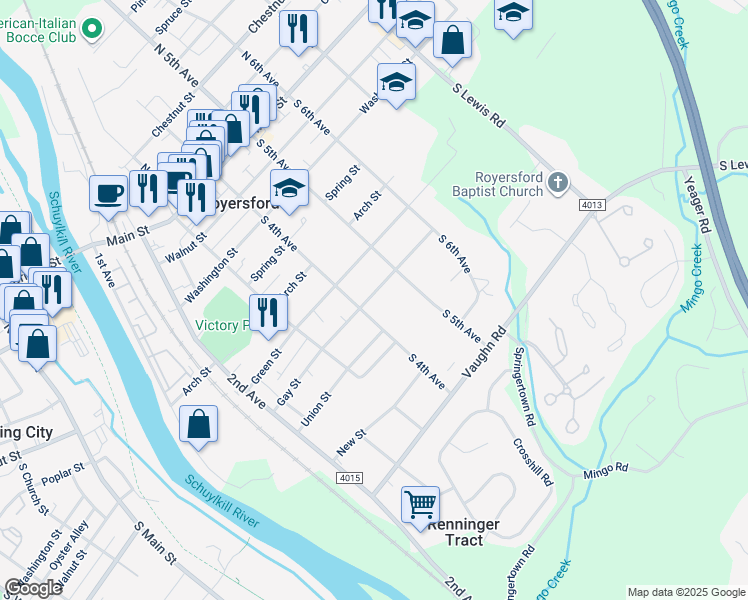 map of restaurants, bars, coffee shops, grocery stores, and more near 404 Gay Street in Royersford