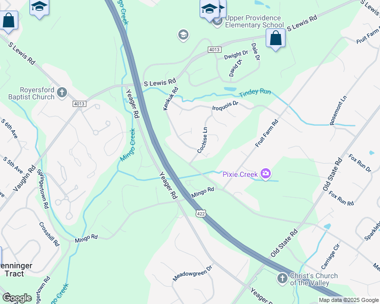 map of restaurants, bars, coffee shops, grocery stores, and more near 29 Cochise Lane in Royersford