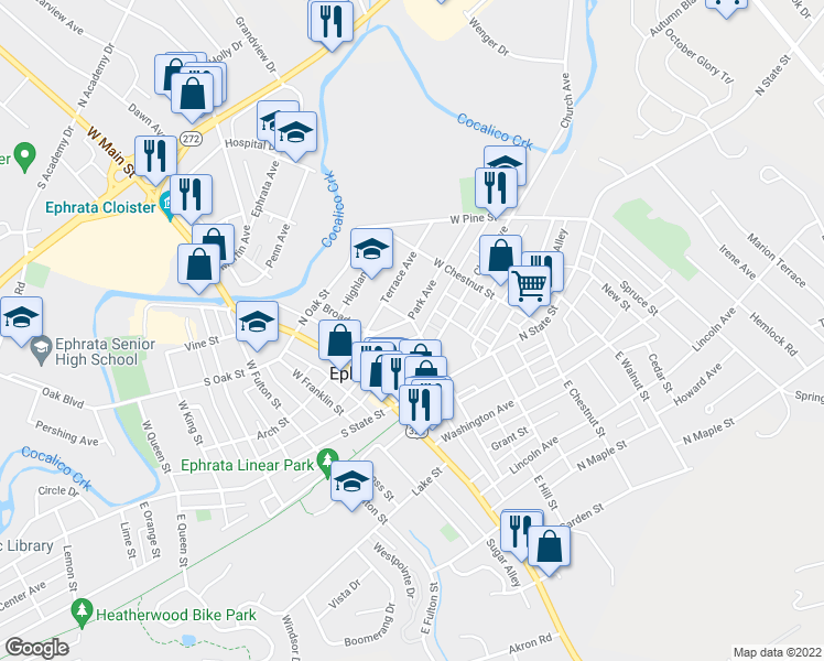 map of restaurants, bars, coffee shops, grocery stores, and more near 77 Park Avenue in Ephrata