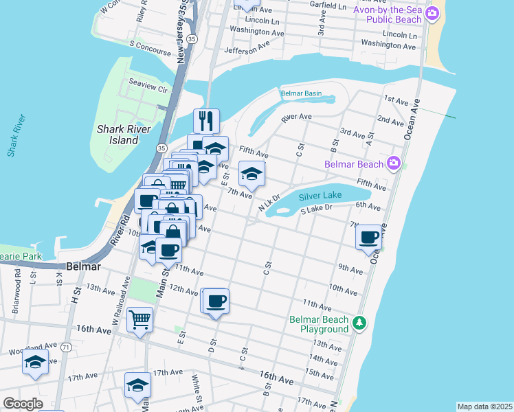 map of restaurants, bars, coffee shops, grocery stores, and more near 413 8th Avenue in Belmar