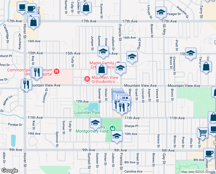 map of restaurants, bars, coffee shops, grocery stores, and more near 1250 Vivian Street in Longmont