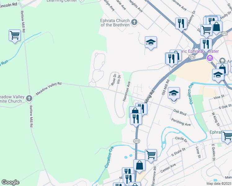 map of restaurants, bars, coffee shops, grocery stores, and more near 1394 Hammon Avenue in Ephrata