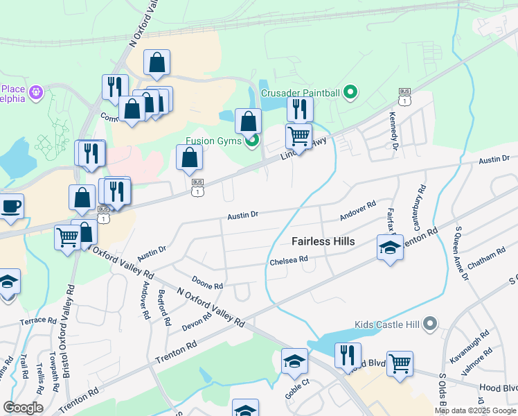 map of restaurants, bars, coffee shops, grocery stores, and more near 325 Austin Drive in Fairless Hills
