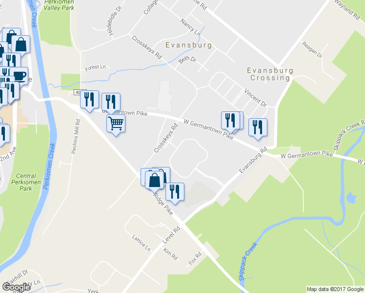 map of restaurants, bars, coffee shops, grocery stores, and more near 3033 Greenes Way Circle in Collegeville