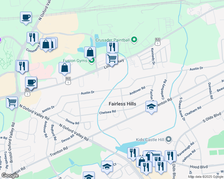 map of restaurants, bars, coffee shops, grocery stores, and more near 405 Austin Drive in Fairless Hills