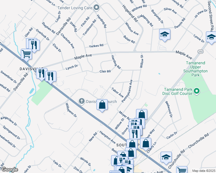 map of restaurants, bars, coffee shops, grocery stores, and more near 898 Willopenn Drive in Southampton