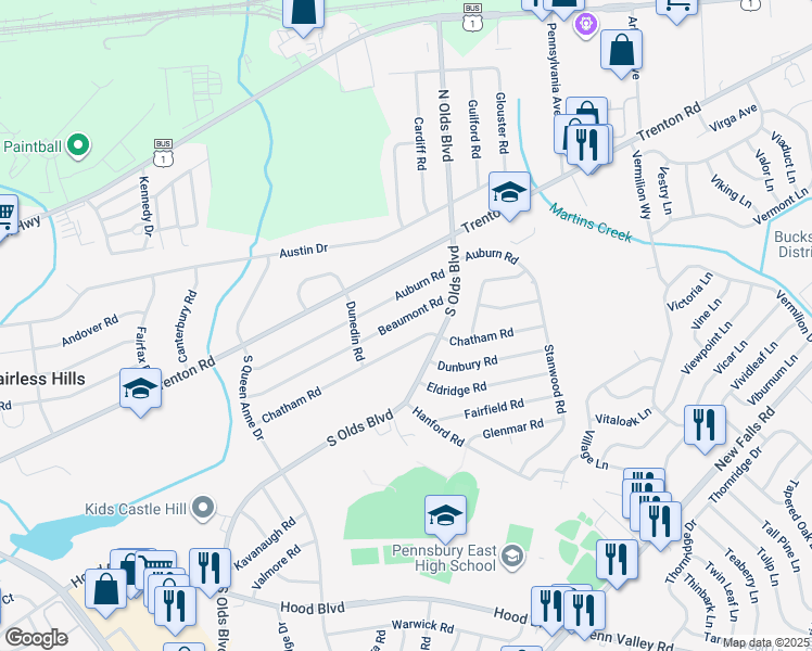 map of restaurants, bars, coffee shops, grocery stores, and more near 716 Beaumont Road in Fairless Hills
