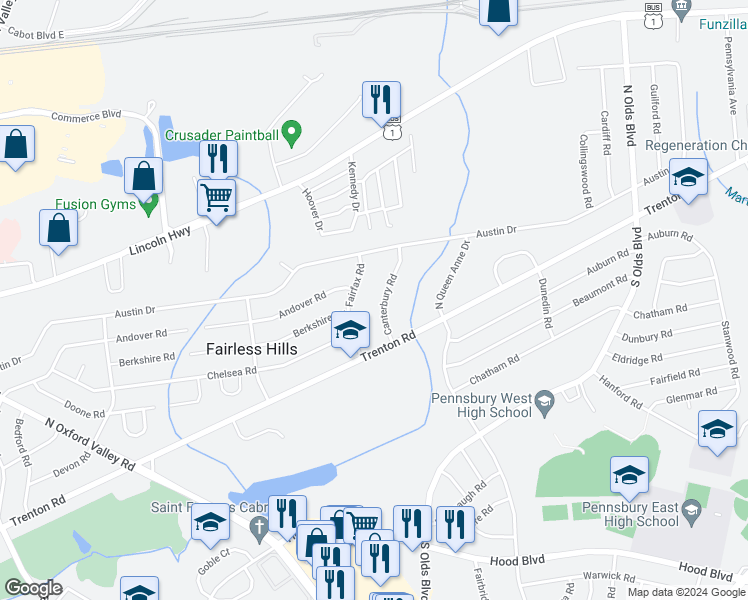 map of restaurants, bars, coffee shops, grocery stores, and more near 131 Canterbury Road in Fairless Hills