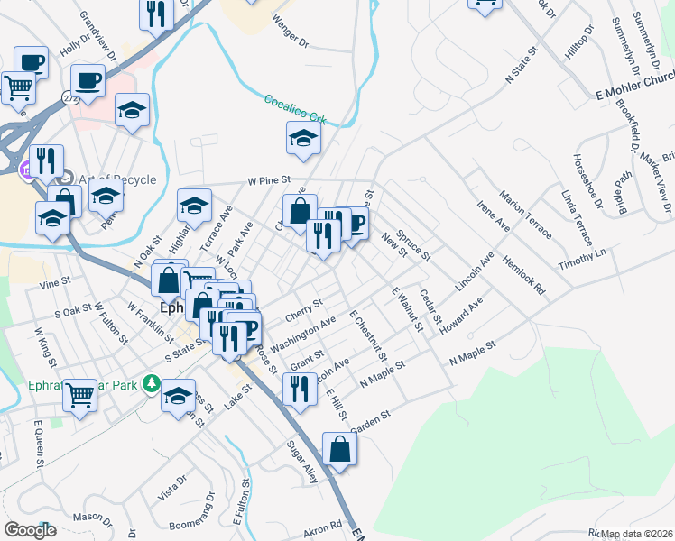map of restaurants, bars, coffee shops, grocery stores, and more near 301 North State Street in Ephrata