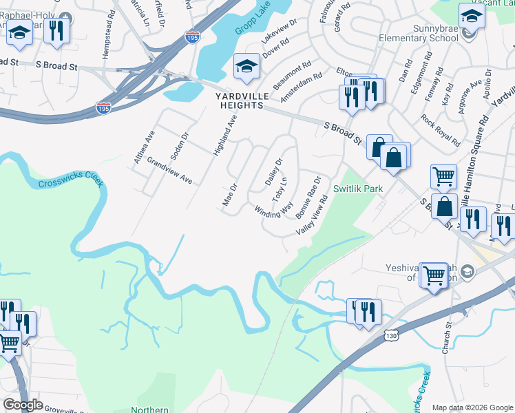 map of restaurants, bars, coffee shops, grocery stores, and more near 82 Valley View Road in Hamilton Township