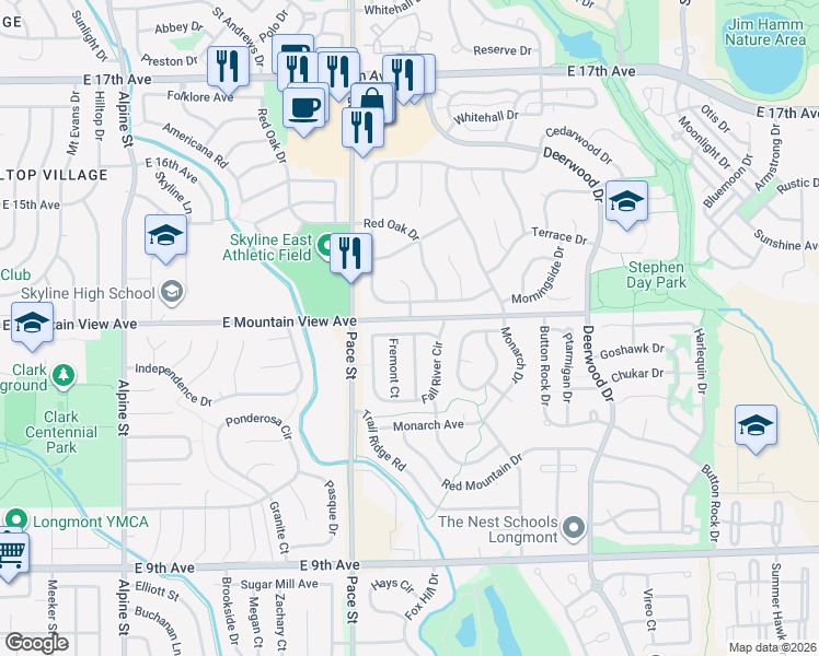 map of restaurants, bars, coffee shops, grocery stores, and more near 1121 Fall River Circle in Longmont