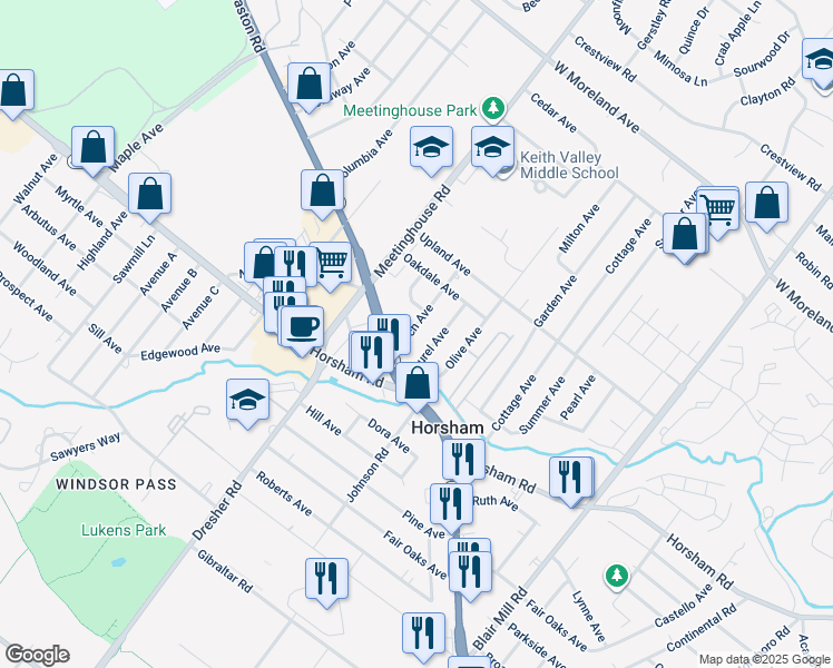 map of restaurants, bars, coffee shops, grocery stores, and more near 335 Laurel Avenue in Horsham