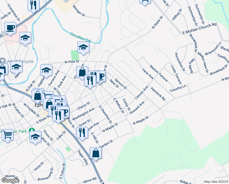 map of restaurants, bars, coffee shops, grocery stores, and more near 415 Conestoga Alley in Ephrata