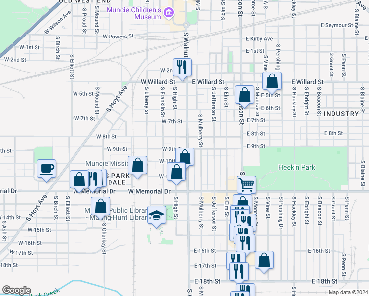 map of restaurants, bars, coffee shops, grocery stores, and more near 1614 South Walnut Street in Muncie