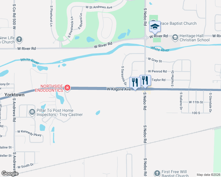 map of restaurants, bars, coffee shops, grocery stores, and more near 6901 West Kilgore Avenue in Yorktown