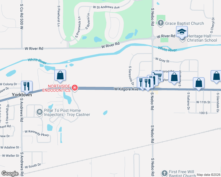 map of restaurants, bars, coffee shops, grocery stores, and more near 7025 Indiana 32 in Yorktown