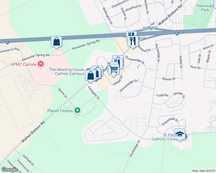 map of restaurants, bars, coffee shops, grocery stores, and more near 417 Village Drive in Carlisle