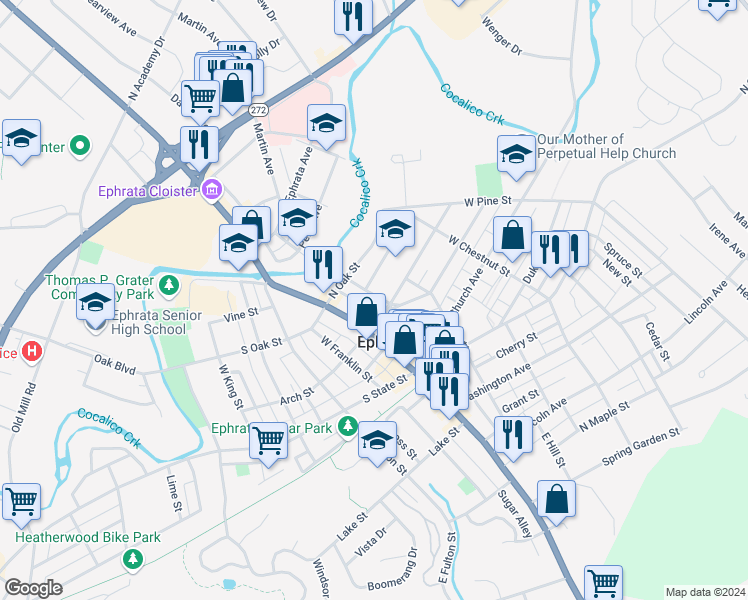 map of restaurants, bars, coffee shops, grocery stores, and more near 8 Broad Street in Ephrata