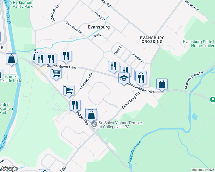 map of restaurants, bars, coffee shops, grocery stores, and more near 1029 Greenes Way Circle in Collegeville