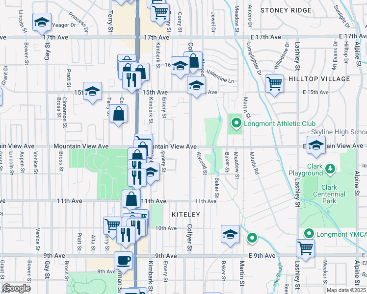 map of restaurants, bars, coffee shops, grocery stores, and more near 333 Mountain View Avenue in Longmont