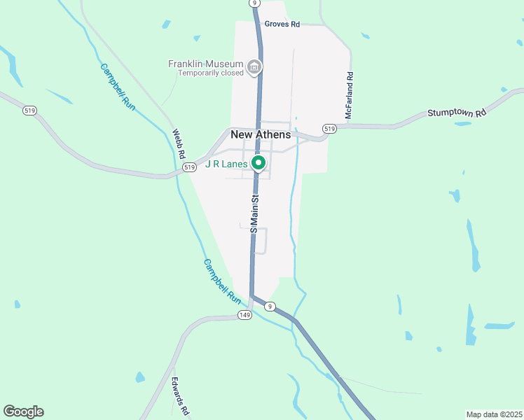 map of restaurants, bars, coffee shops, grocery stores, and more near 124 South Main Street in New Athens