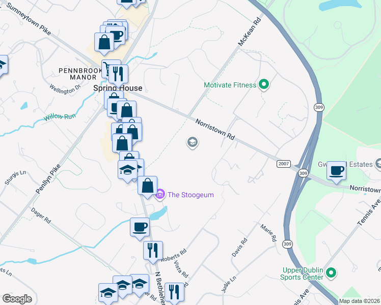 map of restaurants, bars, coffee shops, grocery stores, and more near 728 Norristown Road in Spring House