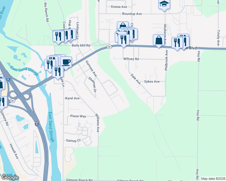 map of restaurants, bars, coffee shops, grocery stores, and more near 253 Gurnsey Drive in Red Bluff