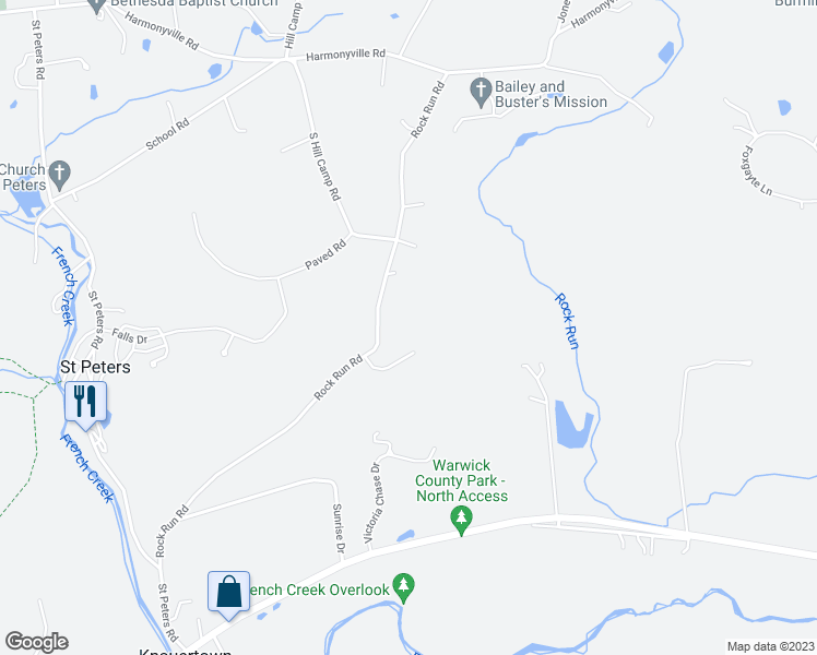map of restaurants, bars, coffee shops, grocery stores, and more near 572 Rock Run Road in Pottstown
