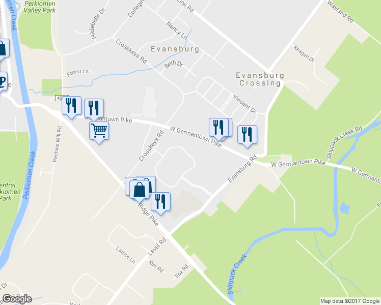 map of restaurants, bars, coffee shops, grocery stores, and more near 1029 Greenes Way Circle in Collegeville
