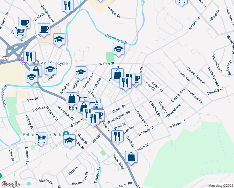 map of restaurants, bars, coffee shops, grocery stores, and more near 226 Duke Street in Ephrata