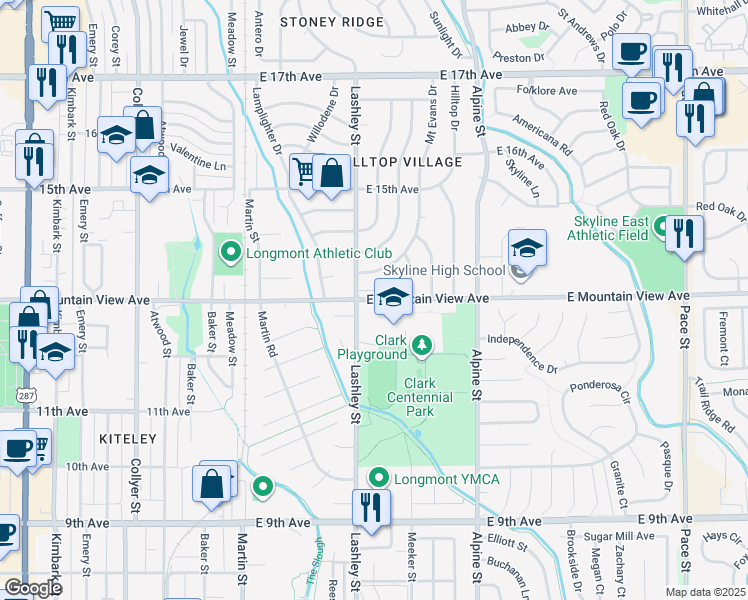 map of restaurants, bars, coffee shops, grocery stores, and more near 233 East Mountain View Avenue in Longmont