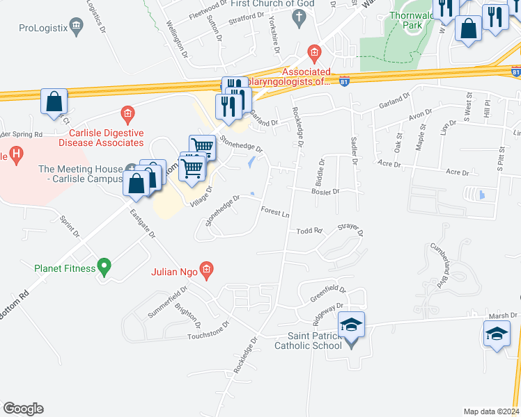 map of restaurants, bars, coffee shops, grocery stores, and more near 211 Stonehedge Drive in Carlisle