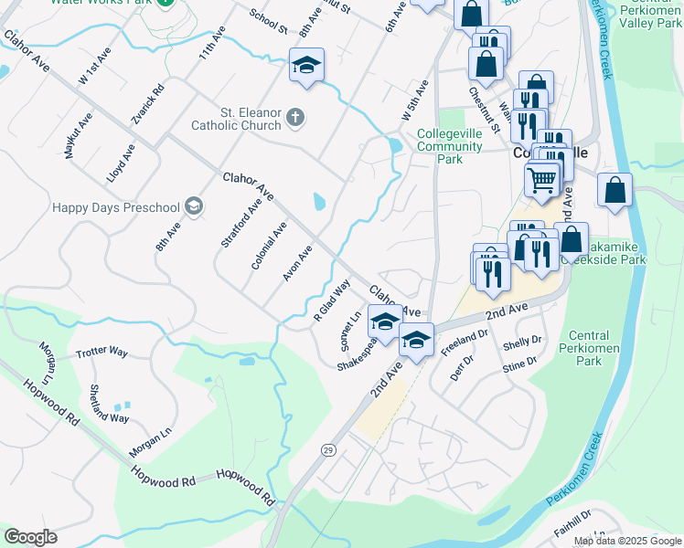 map of restaurants, bars, coffee shops, grocery stores, and more near 305 R Glad Way in Collegeville