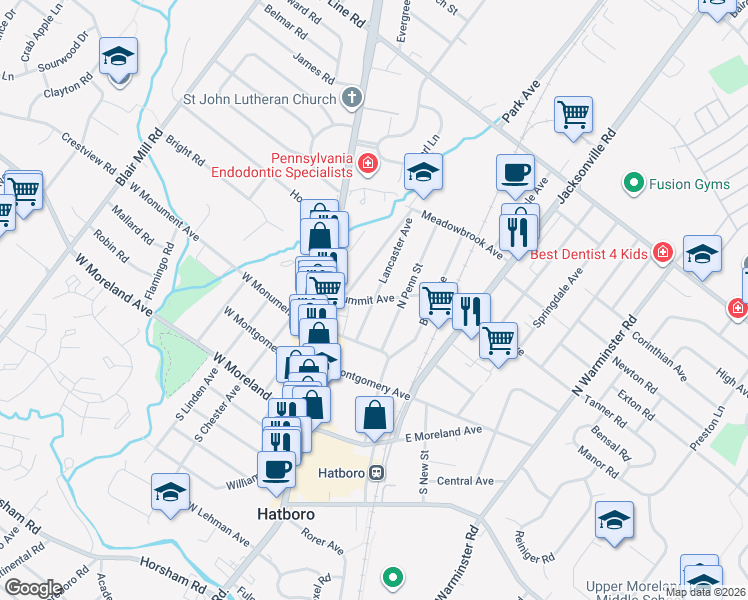map of restaurants, bars, coffee shops, grocery stores, and more near 299 Lancaster Avenue in Hatboro