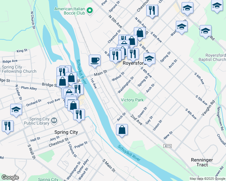 map of restaurants, bars, coffee shops, grocery stores, and more near 139 2nd Avenue in Royersford