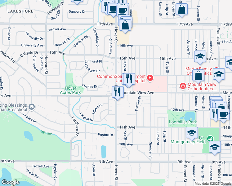 map of restaurants, bars, coffee shops, grocery stores, and more near Mountain View Ave & Hover St in Longmont