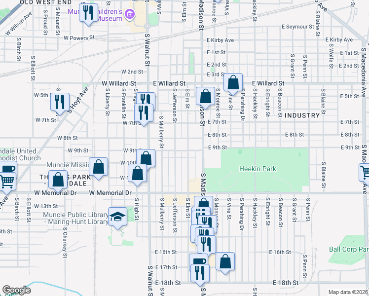 map of restaurants, bars, coffee shops, grocery stores, and more near 400 East 8th Street in Muncie